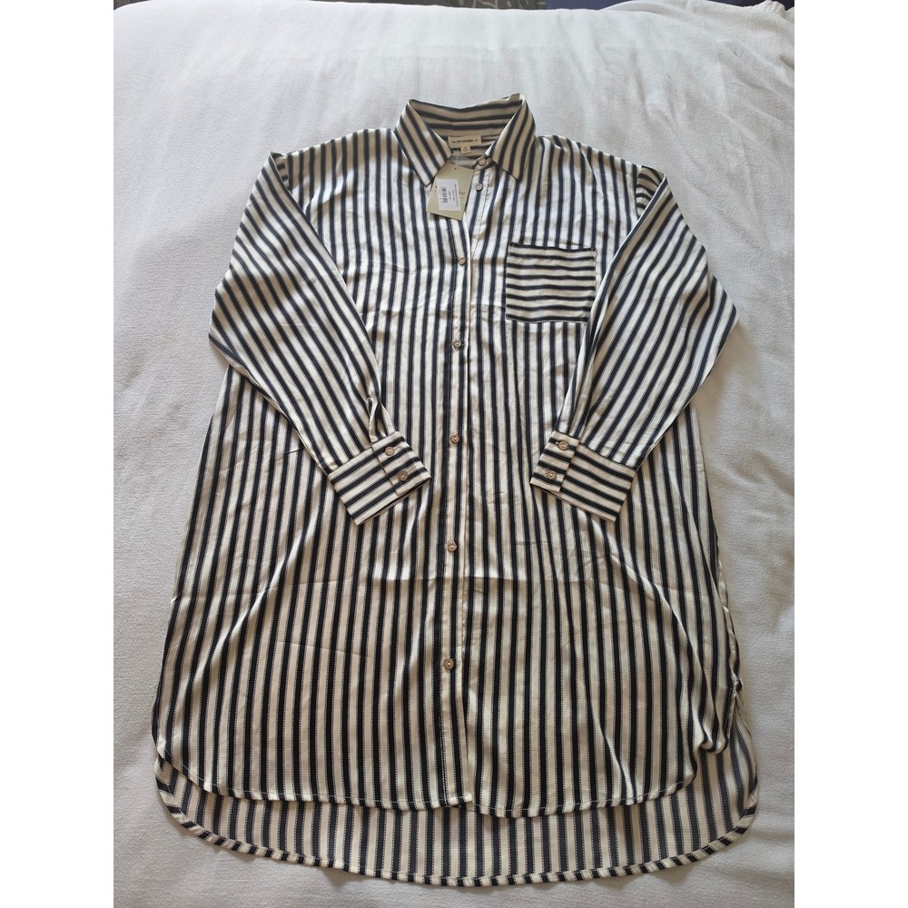 ee:some Black White Striped Button Down Shirt Dress Long Sleeve High Low Medium